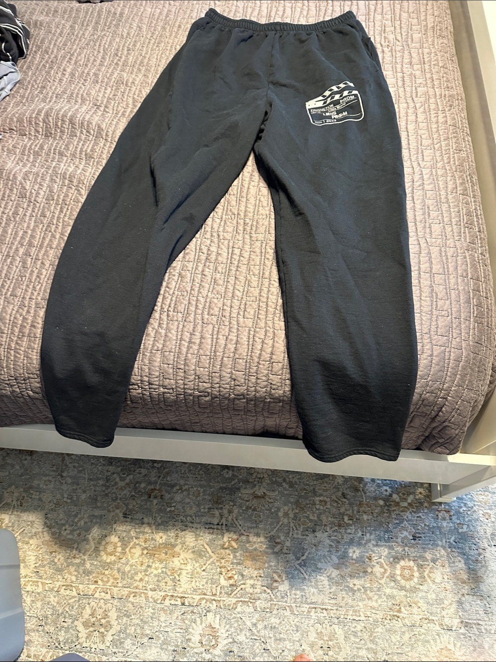 Black Graphic Sweatpants with Small White Patch